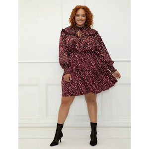 Eloquii Elements Satin Dress Women's Size 18/20 Leopard Black Ruffle Yoke